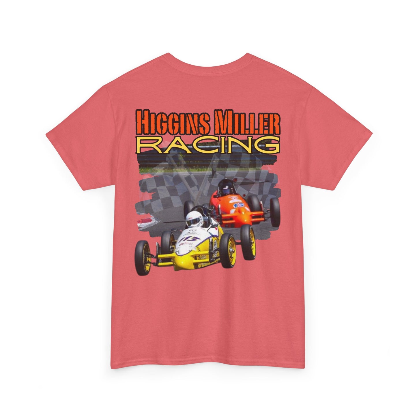 High Res Higgins Miller T with Crossed Flags, Racing-Themed Unisex Heavy Cotton Tee, Motorsports Shirt, Gift for Race Fans, Casual Wear, Unique Racing Apparel
