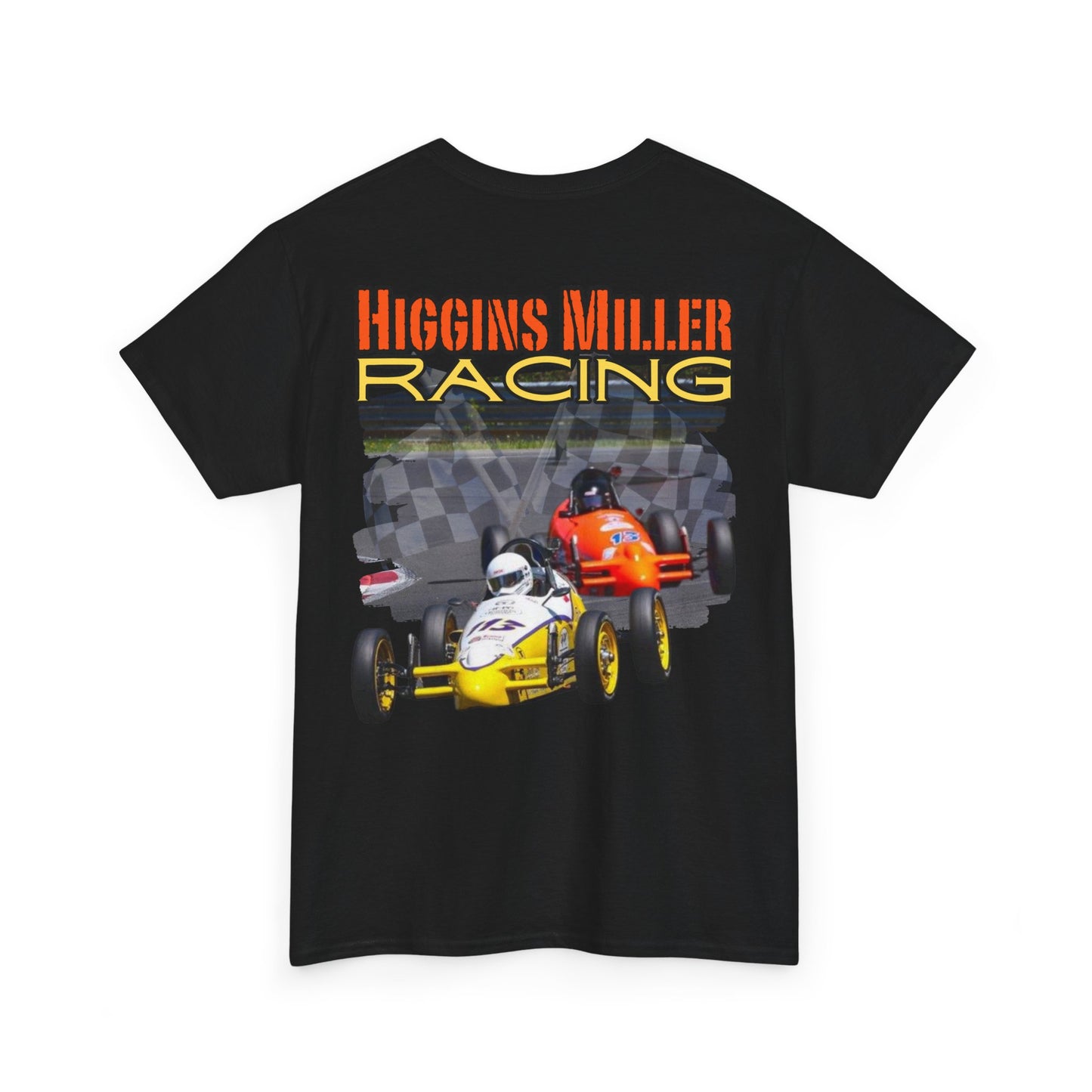 High Res Higgins Miller T with Crossed Flags, Racing-Themed Unisex Heavy Cotton Tee, Motorsports Shirt, Gift for Race Fans, Casual Wear, Unique Racing Apparel