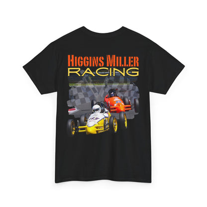 High Res Higgins Miller T with Crossed Flags, Racing-Themed Unisex Heavy Cotton Tee, Motorsports Shirt, Gift for Race Fans, Casual Wear, Unique Racing Apparel