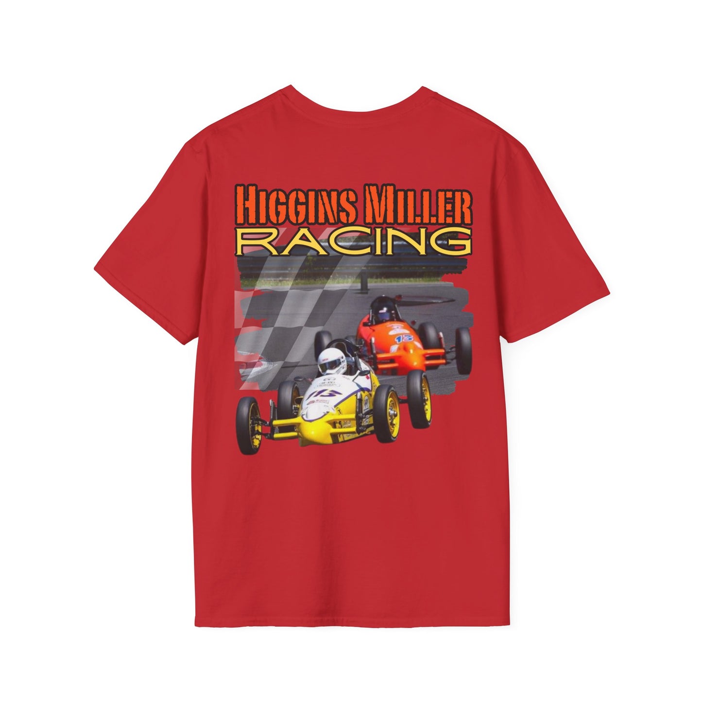 High Res Higgins Miller Soft Style T with flag, Race Day Unisex T-Shirt, Car Racing Shirt, Motorsports Apparel, Gift for Racing Fans, Casual Streetwear.