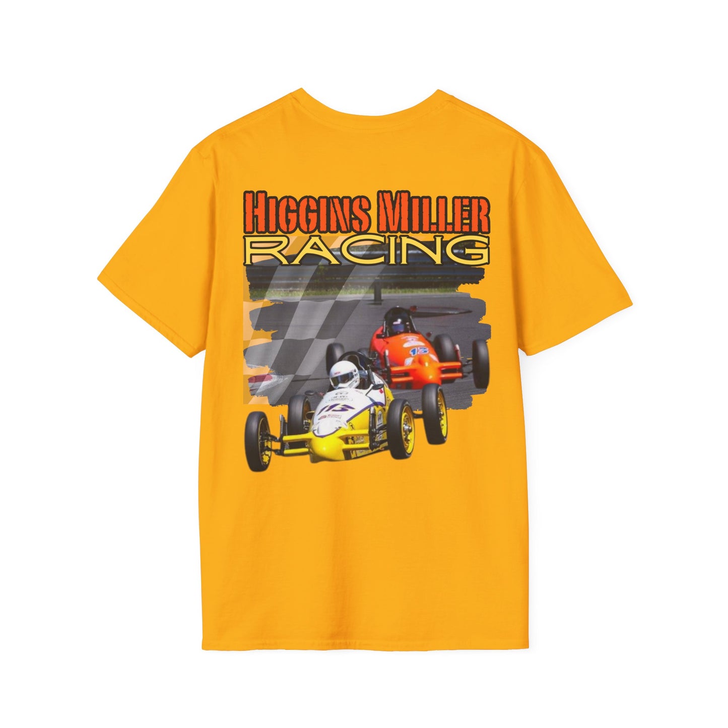 High Res Higgins Miller Soft Style T with flag, Race Day Unisex T-Shirt, Car Racing Shirt, Motorsports Apparel, Gift for Racing Fans, Casual Streetwear.