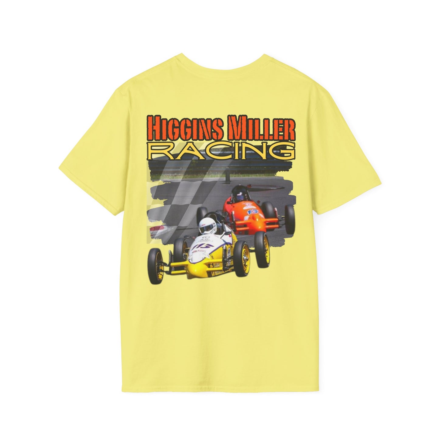 High Res Higgins Miller Soft Style T with flag, Race Day Unisex T-Shirt, Car Racing Shirt, Motorsports Apparel, Gift for Racing Fans, Casual Streetwear.