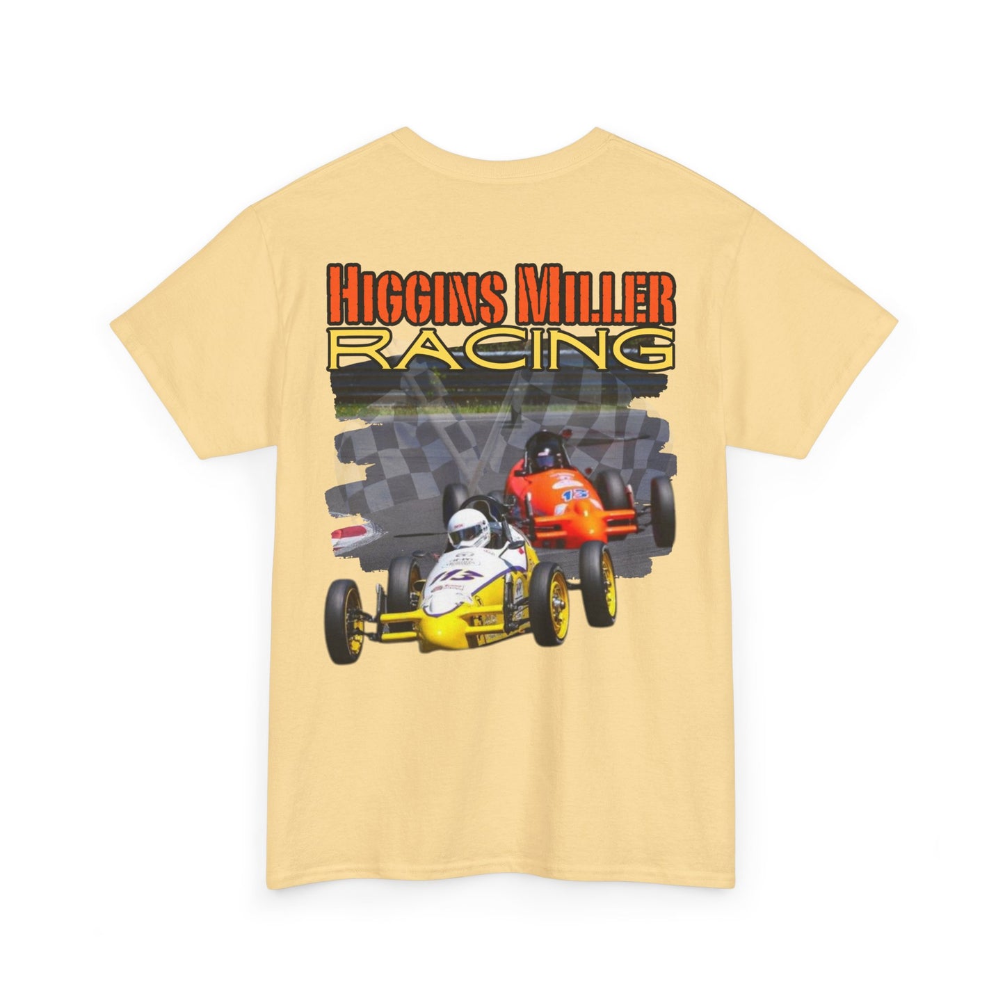 High Res Higgins Miller T with Crossed Flags, Racing-Themed Unisex Heavy Cotton Tee, Motorsports Shirt, Gift for Race Fans, Casual Wear, Unique Racing Apparel
