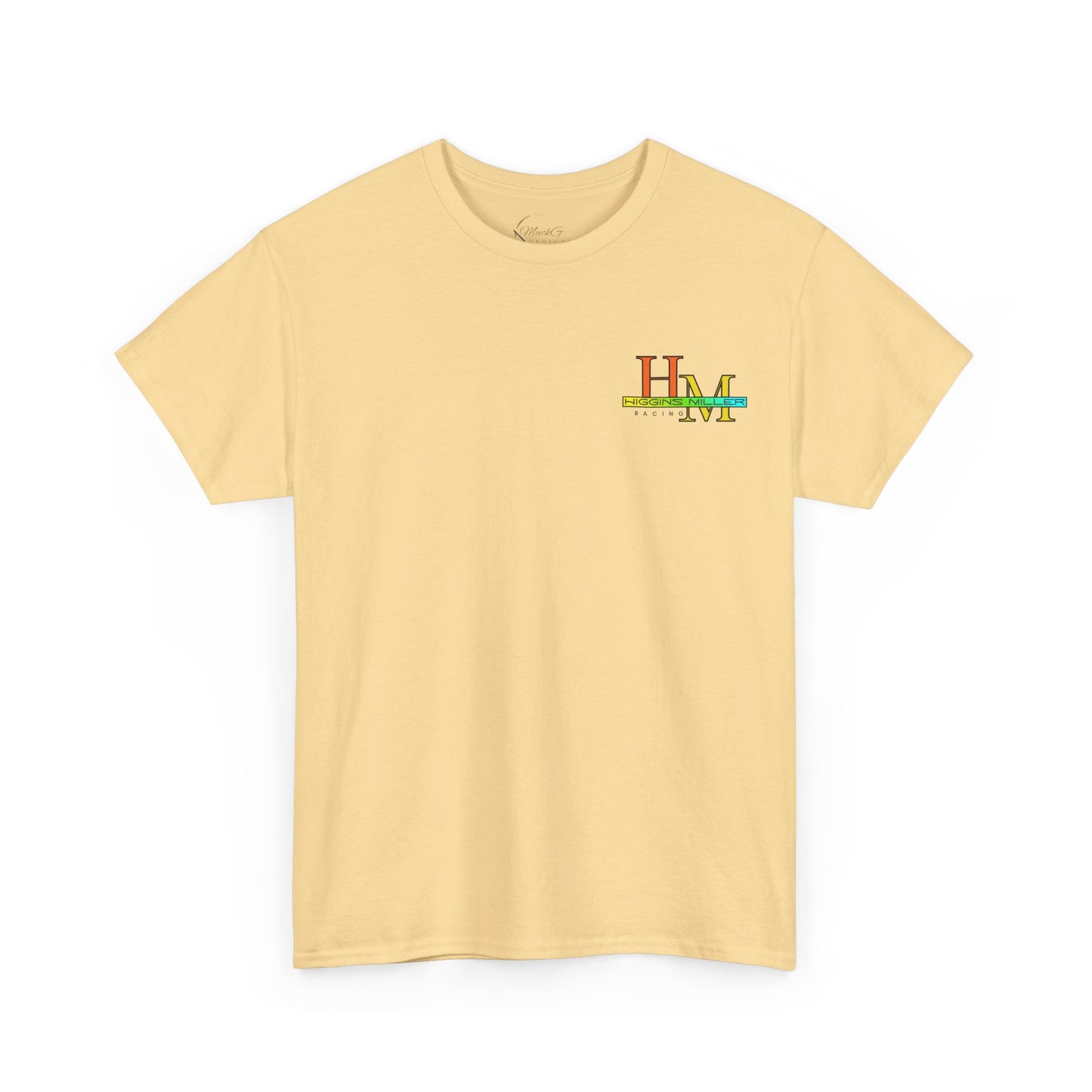 High Res Higgins Miller T with Crossed Flags, Racing-Themed Unisex Heavy Cotton Tee, Motorsports Shirt, Gift for Race Fans, Casual Wear, Unique Racing Apparel