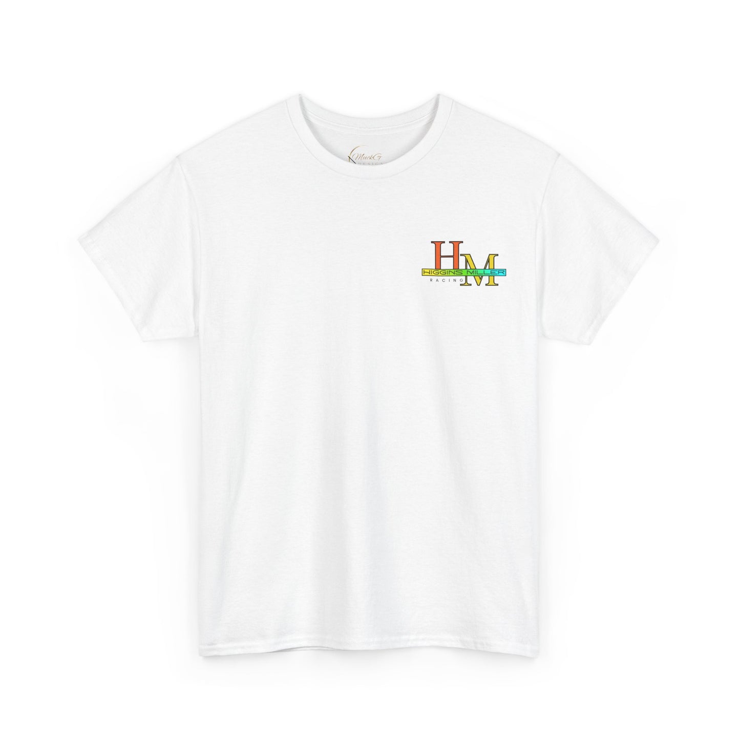 High Res Higgins Miller T with Crossed Flags, Racing-Themed Unisex Heavy Cotton Tee, Motorsports Shirt, Gift for Race Fans, Casual Wear, Unique Racing Apparel