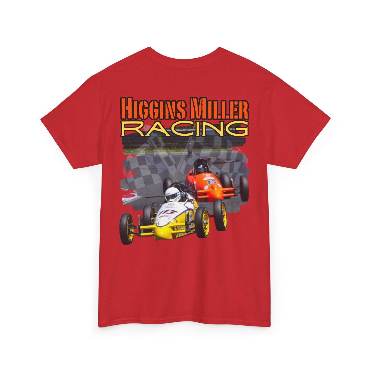 High Res Higgins Miller T with Crossed Flags, Racing-Themed Unisex Heavy Cotton Tee, Motorsports Shirt, Gift for Race Fans, Casual Wear, Unique Racing Apparel