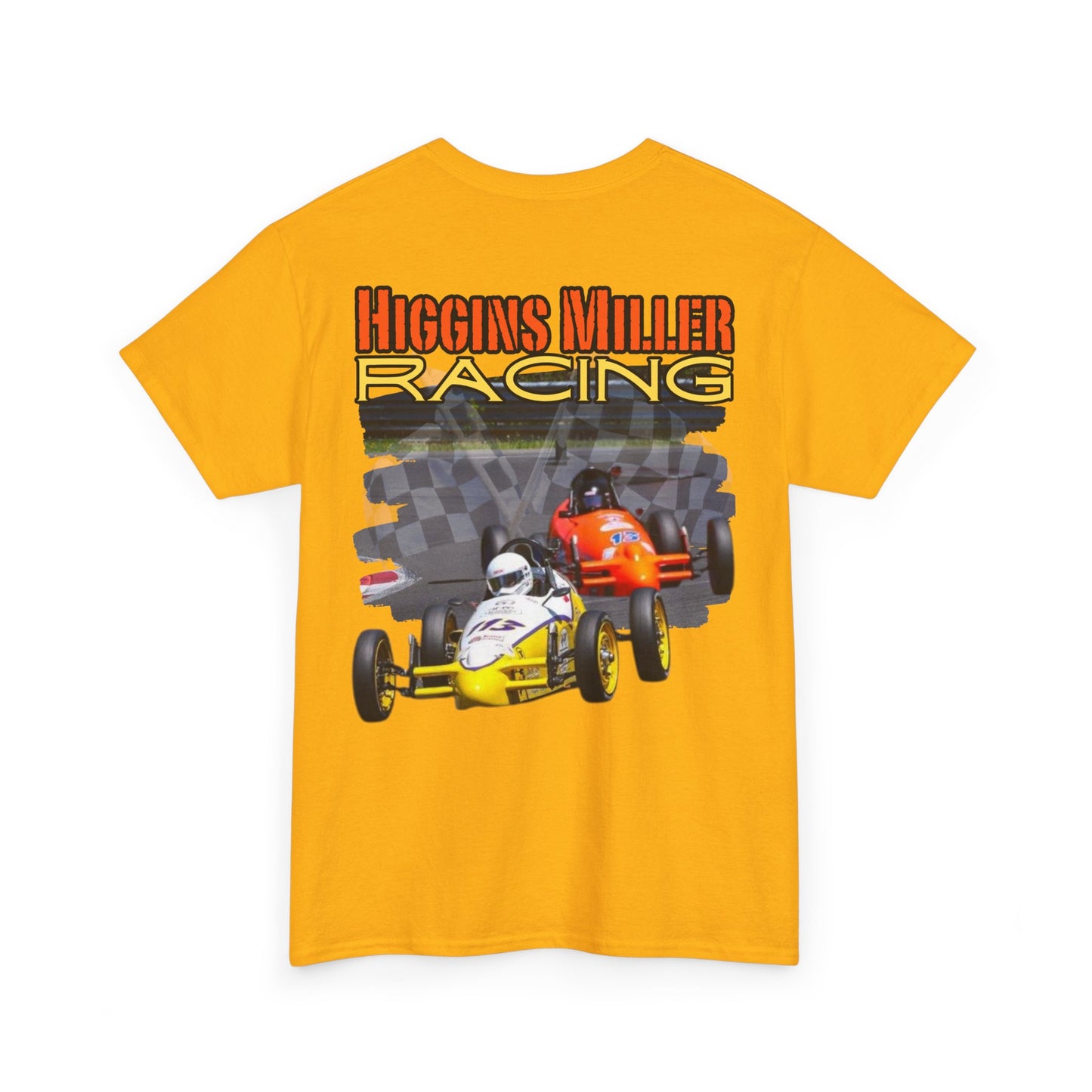 High Res Higgins Miller T with Crossed Flags, Racing-Themed Unisex Heavy Cotton Tee, Motorsports Shirt, Gift for Race Fans, Casual Wear, Unique Racing Apparel