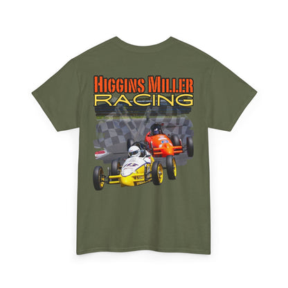 High Res Higgins Miller T with Crossed Flags, Racing-Themed Unisex Heavy Cotton Tee, Motorsports Shirt, Gift for Race Fans, Casual Wear, Unique Racing Apparel