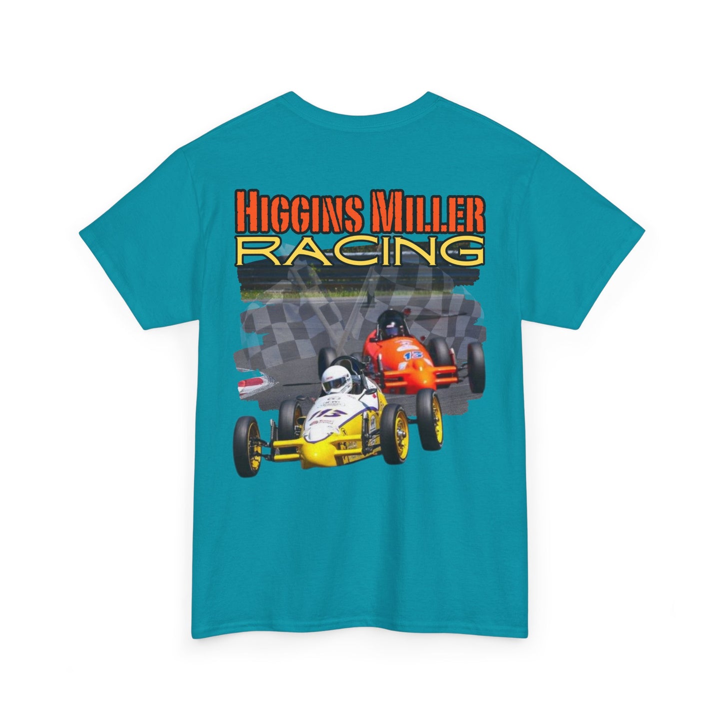 High Res Higgins Miller T with Crossed Flags, Racing-Themed Unisex Heavy Cotton Tee, Motorsports Shirt, Gift for Race Fans, Casual Wear, Unique Racing Apparel
