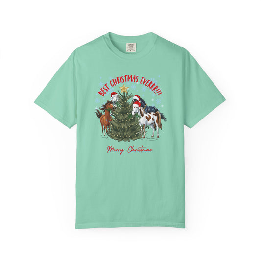 Comfort Colors Christmas Horses T-Shirt — "Best Christmas Ever!!!" Holiday Tee