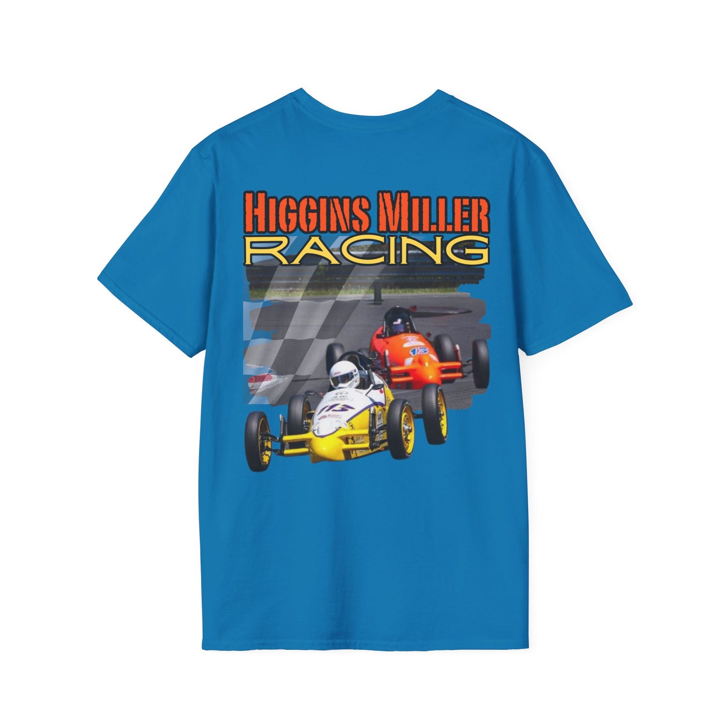 High Res Higgins Miller Soft Style T with flag, Race Day Unisex T-Shirt, Car Racing Shirt, Motorsports Apparel, Gift for Racing Fans, Casual Streetwear.