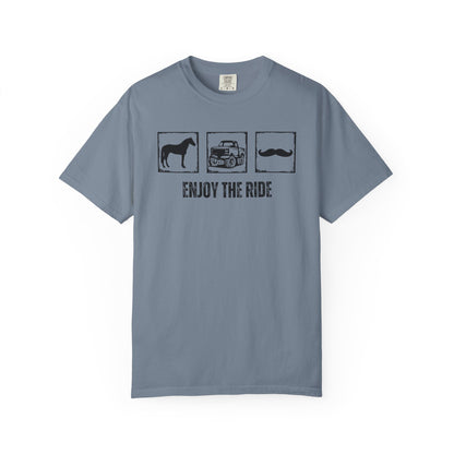 "Enjoy the Ride" — Horse, Jacked Up Pickup Truck & Mustache Comfort Colors T-shirt