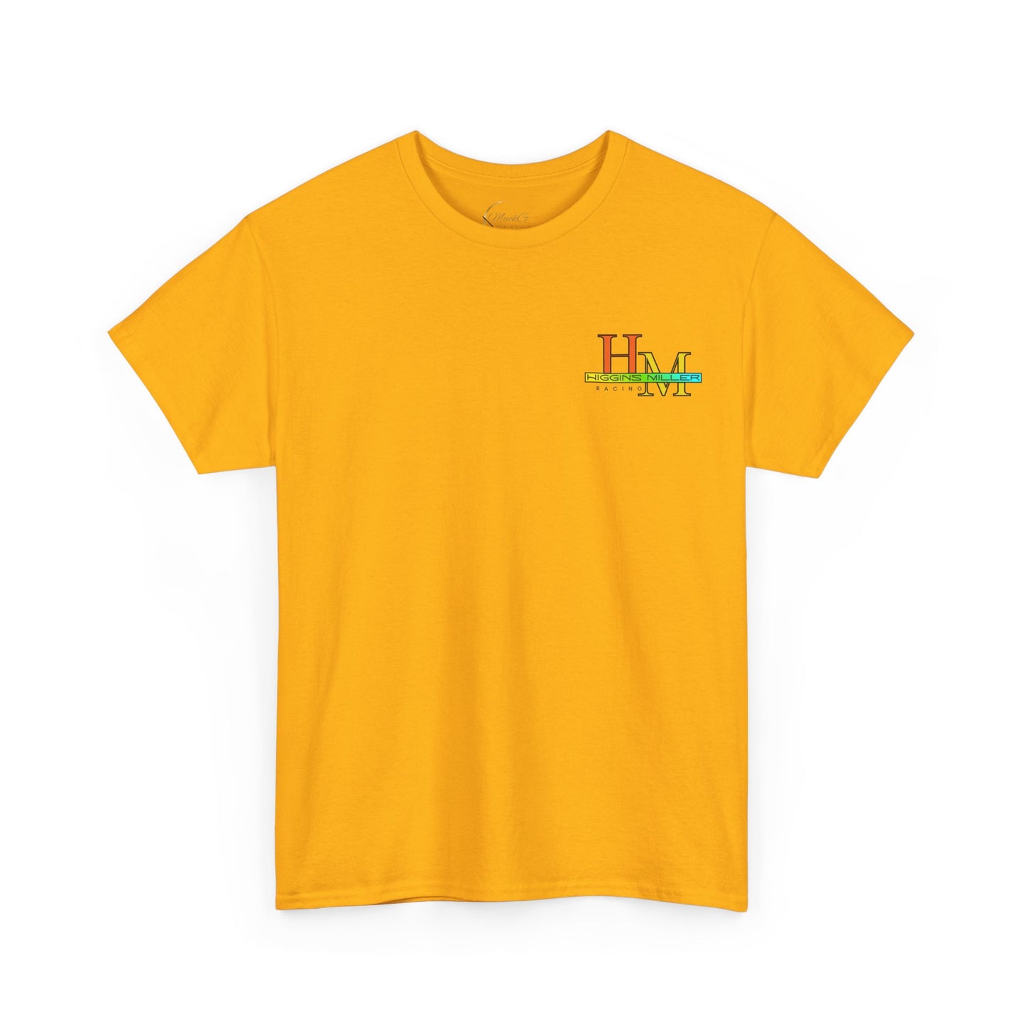 High Res Higgins Miller T with Crossed Flags, Racing-Themed Unisex Heavy Cotton Tee, Motorsports Shirt, Gift for Race Fans, Casual Wear, Unique Racing Apparel