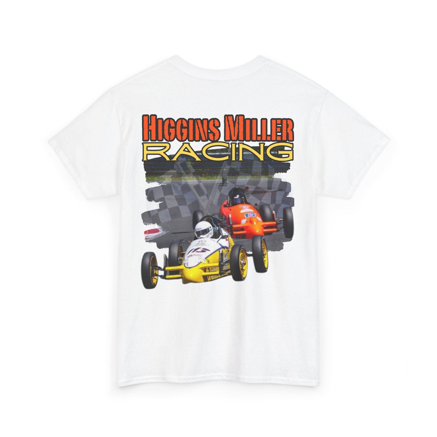 High Res Higgins Miller T with Crossed Flags, Racing-Themed Unisex Heavy Cotton Tee, Motorsports Shirt, Gift for Race Fans, Casual Wear, Unique Racing Apparel