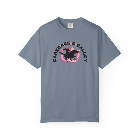 Comfort Colors Bareback & Ballsy Cowboy Graphic T-Shirt — Retro Pink Rodeo Logo Tee