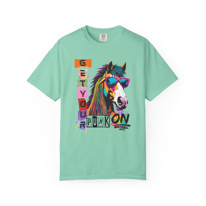 Comfort Colors Punk Horse Graphic T-Shirt — "Get Your Punk On" Colorful Retro Tee