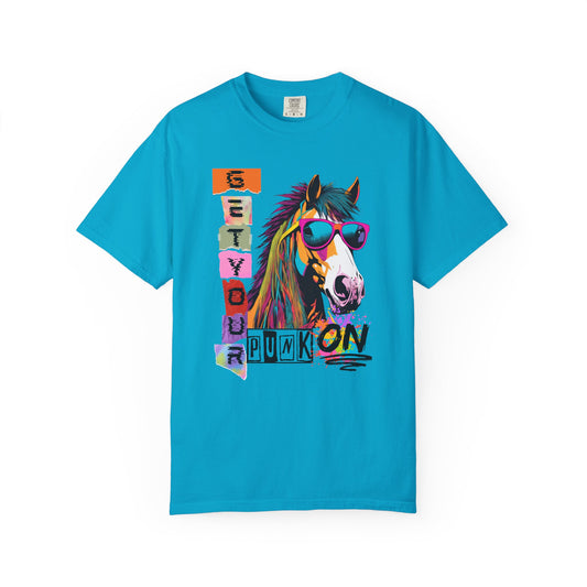 Comfort Colors Punk Horse Graphic T-Shirt — "Get Your Punk On" Colorful Retro Tee