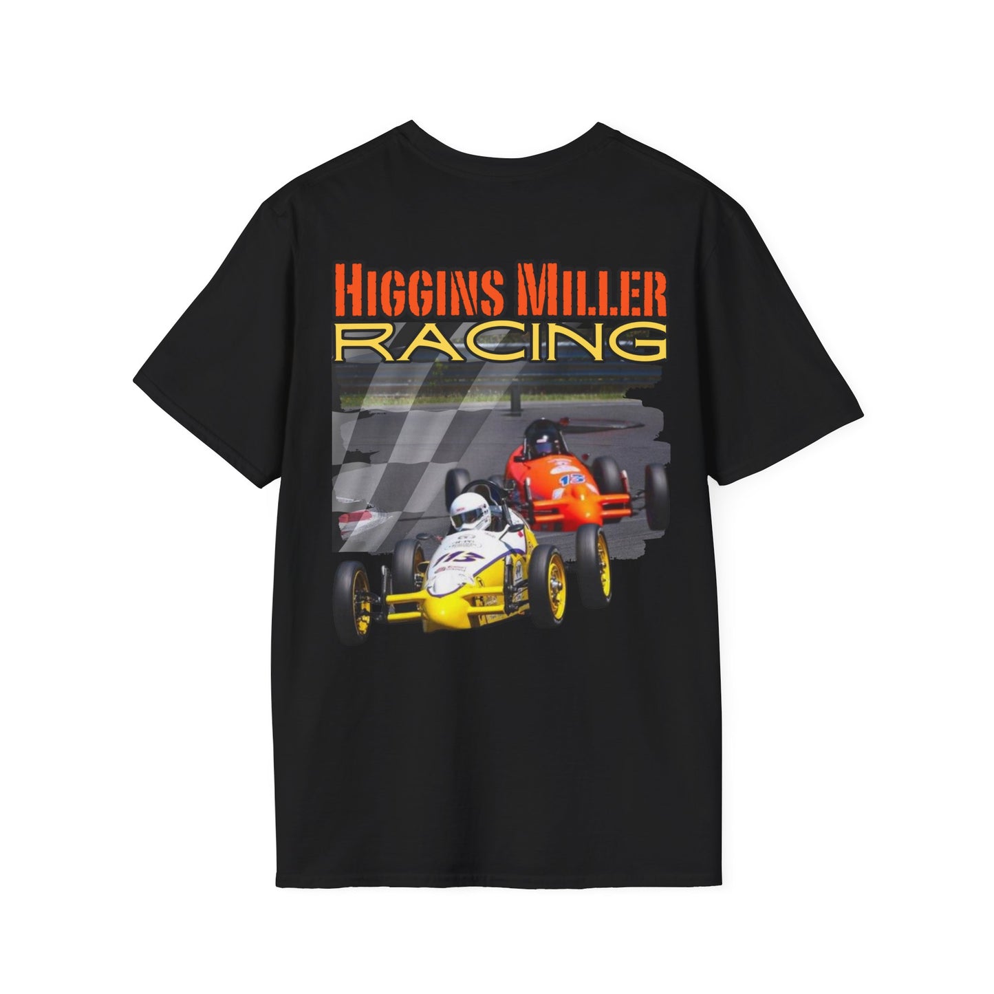 High Res Higgins Miller Soft Style T with flag, Race Day Unisex T-Shirt, Car Racing Shirt, Motorsports Apparel, Gift for Racing Fans, Casual Streetwear.