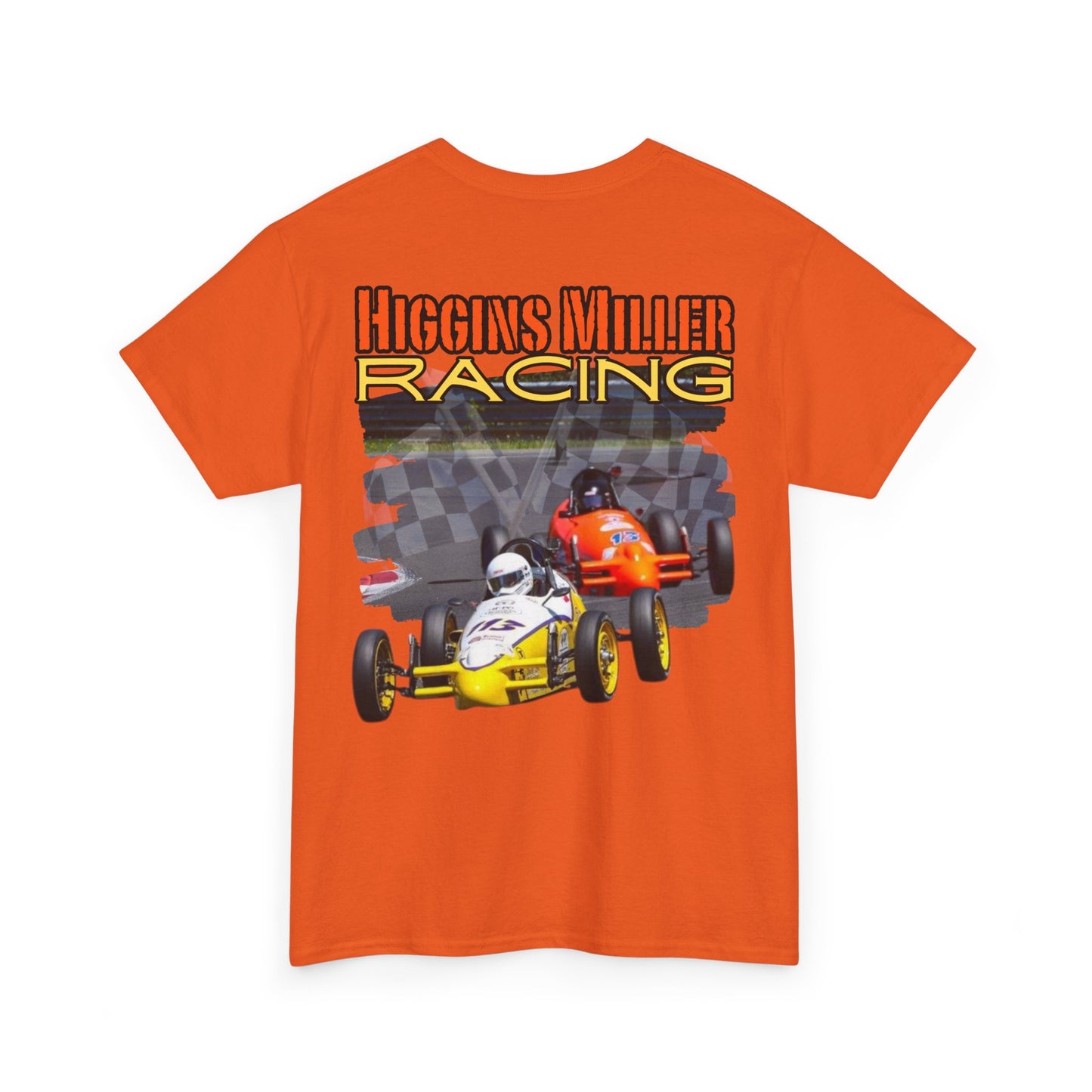 High Res Higgins Miller T with Crossed Flags, Racing-Themed Unisex Heavy Cotton Tee, Motorsports Shirt, Gift for Race Fans, Casual Wear, Unique Racing Apparel