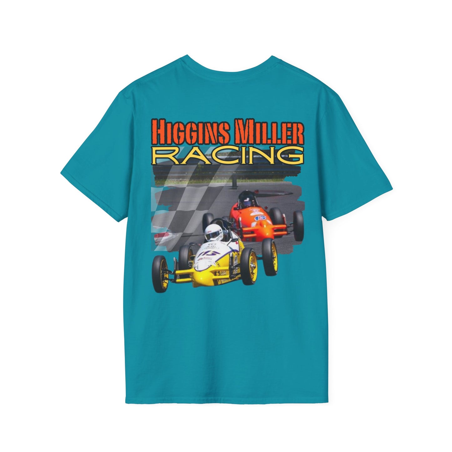 High Res Higgins Miller Soft Style T with flag, Race Day Unisex T-Shirt, Car Racing Shirt, Motorsports Apparel, Gift for Racing Fans, Casual Streetwear.