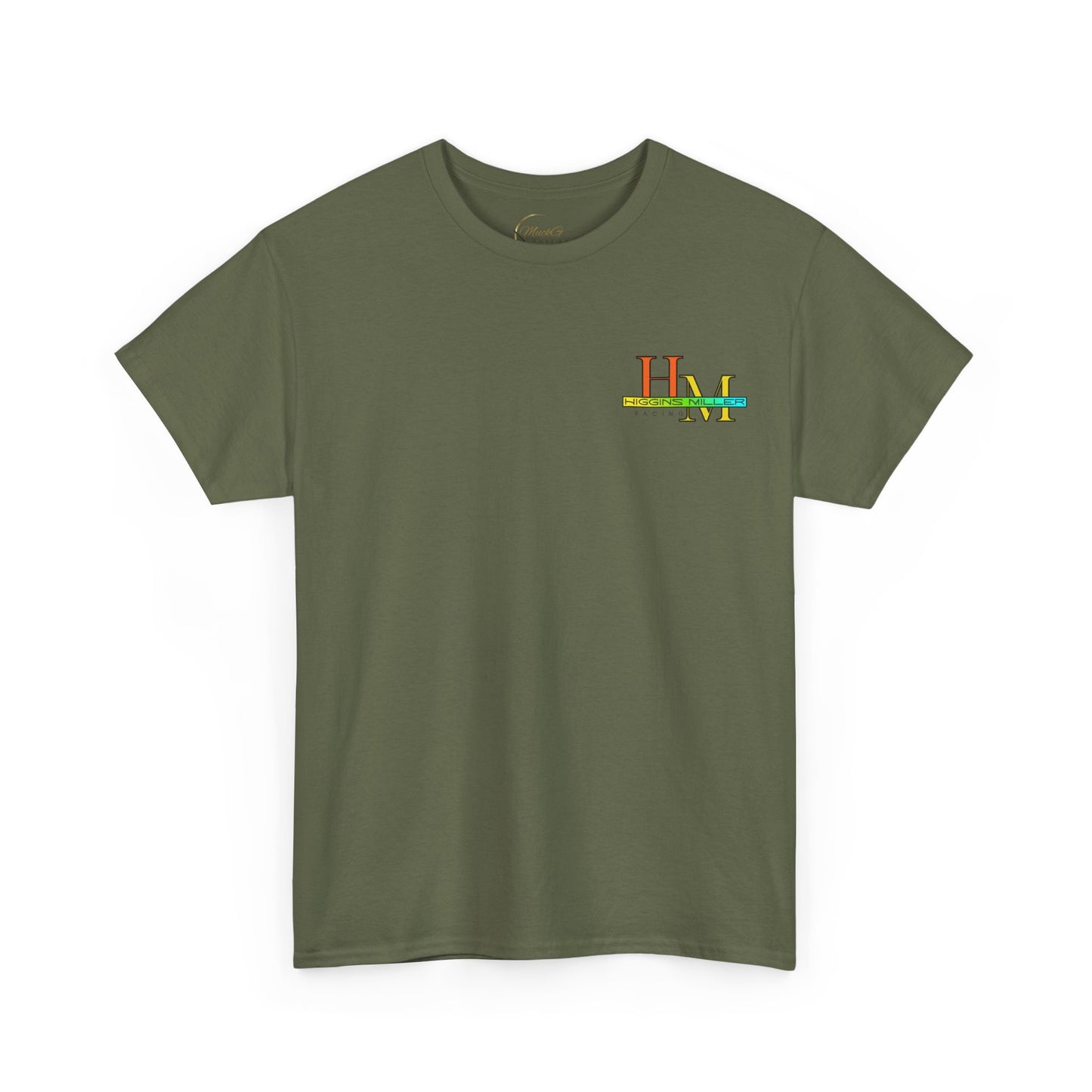 High Res Higgins Miller T with Crossed Flags, Racing-Themed Unisex Heavy Cotton Tee, Motorsports Shirt, Gift for Race Fans, Casual Wear, Unique Racing Apparel