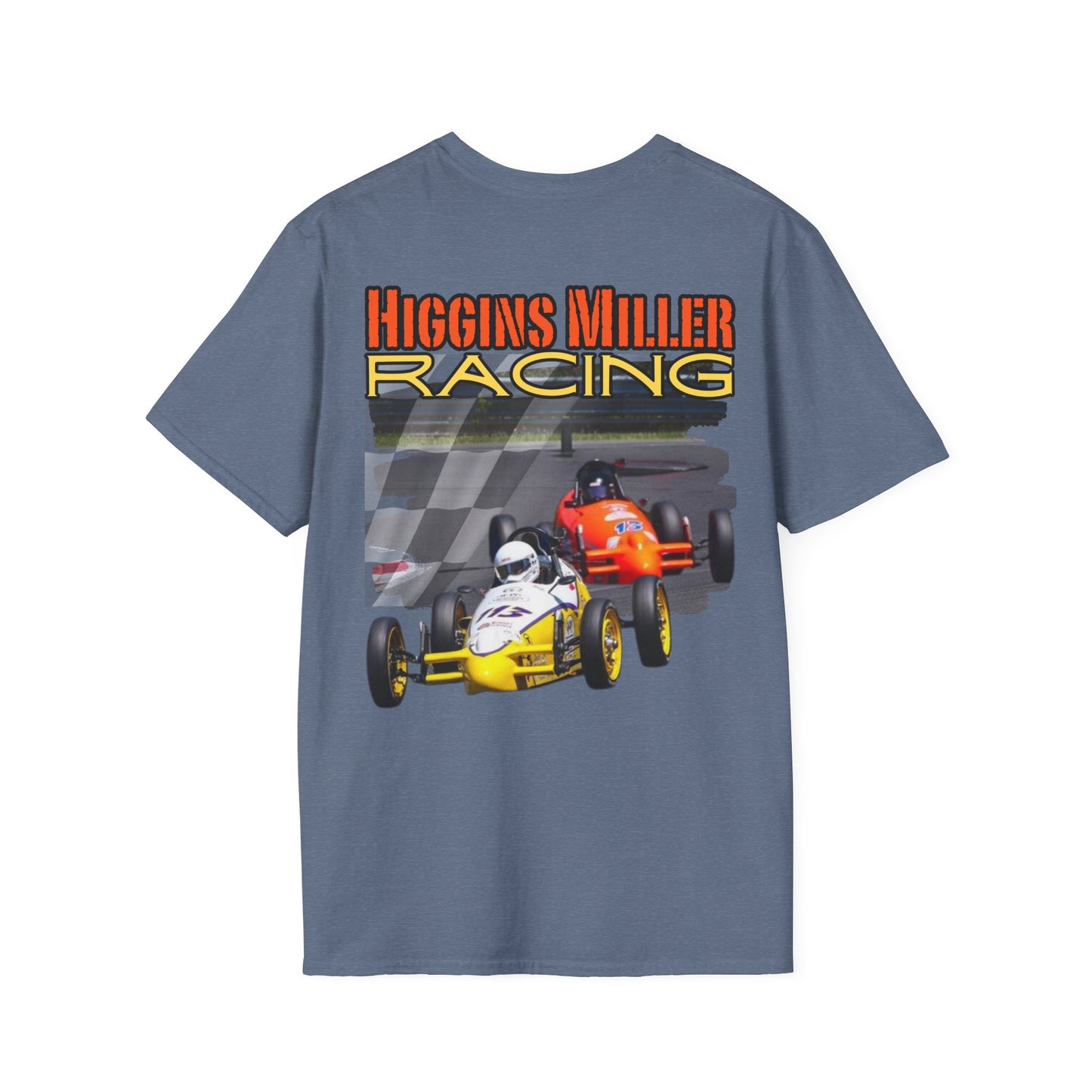 High Res Higgins Miller Soft Style T with flag, Race Day Unisex T-Shirt, Car Racing Shirt, Motorsports Apparel, Gift for Racing Fans, Casual Streetwear.