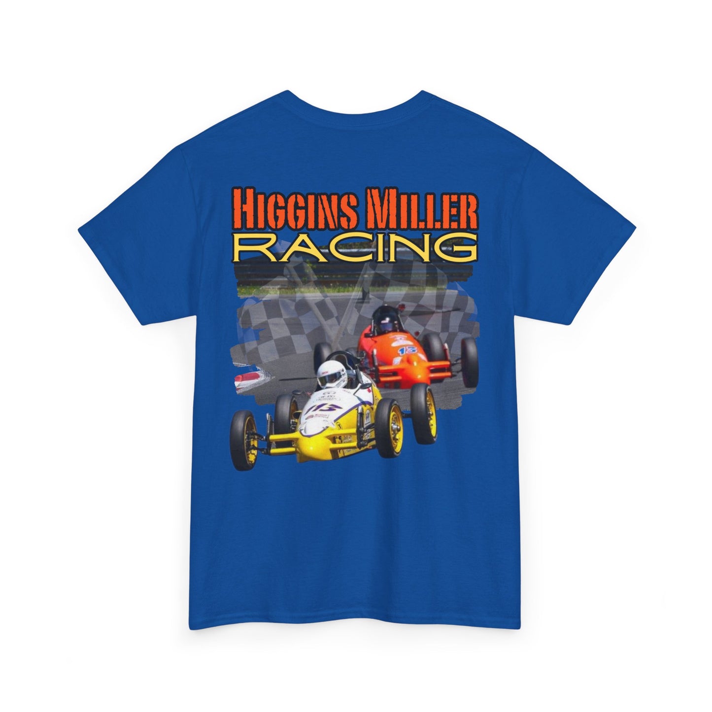High Res Higgins Miller T with Crossed Flags, Racing-Themed Unisex Heavy Cotton Tee, Motorsports Shirt, Gift for Race Fans, Casual Wear, Unique Racing Apparel