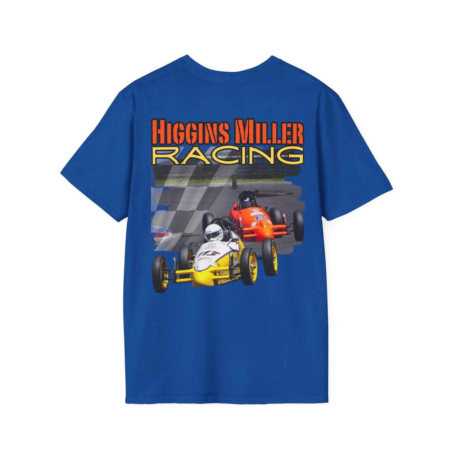 High Res Higgins Miller Soft Style T with flag, Race Day Unisex T-Shirt, Car Racing Shirt, Motorsports Apparel, Gift for Racing Fans, Casual Streetwear.